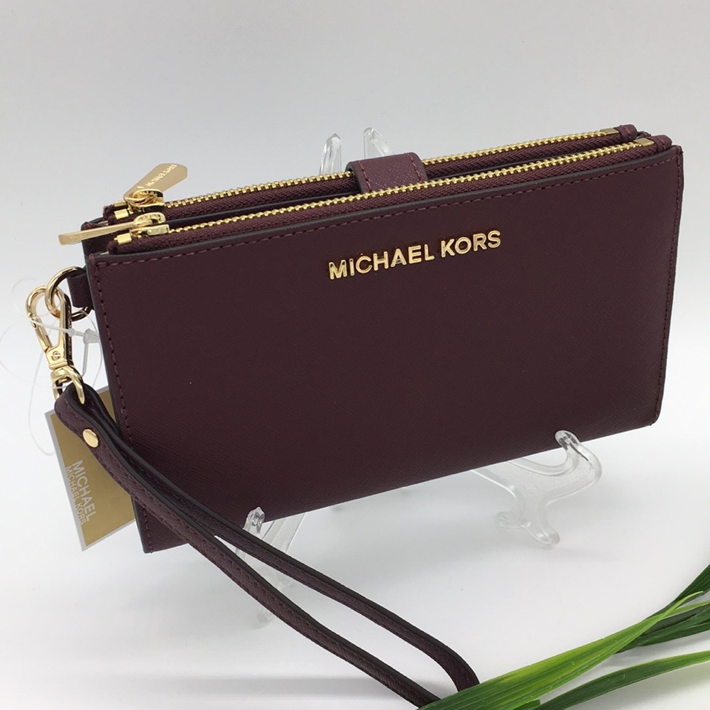 Michael Kors Jet Set Travel LG Double Zip Wristlet Wallet Leather Dark Cherry - Picture 2 of 13